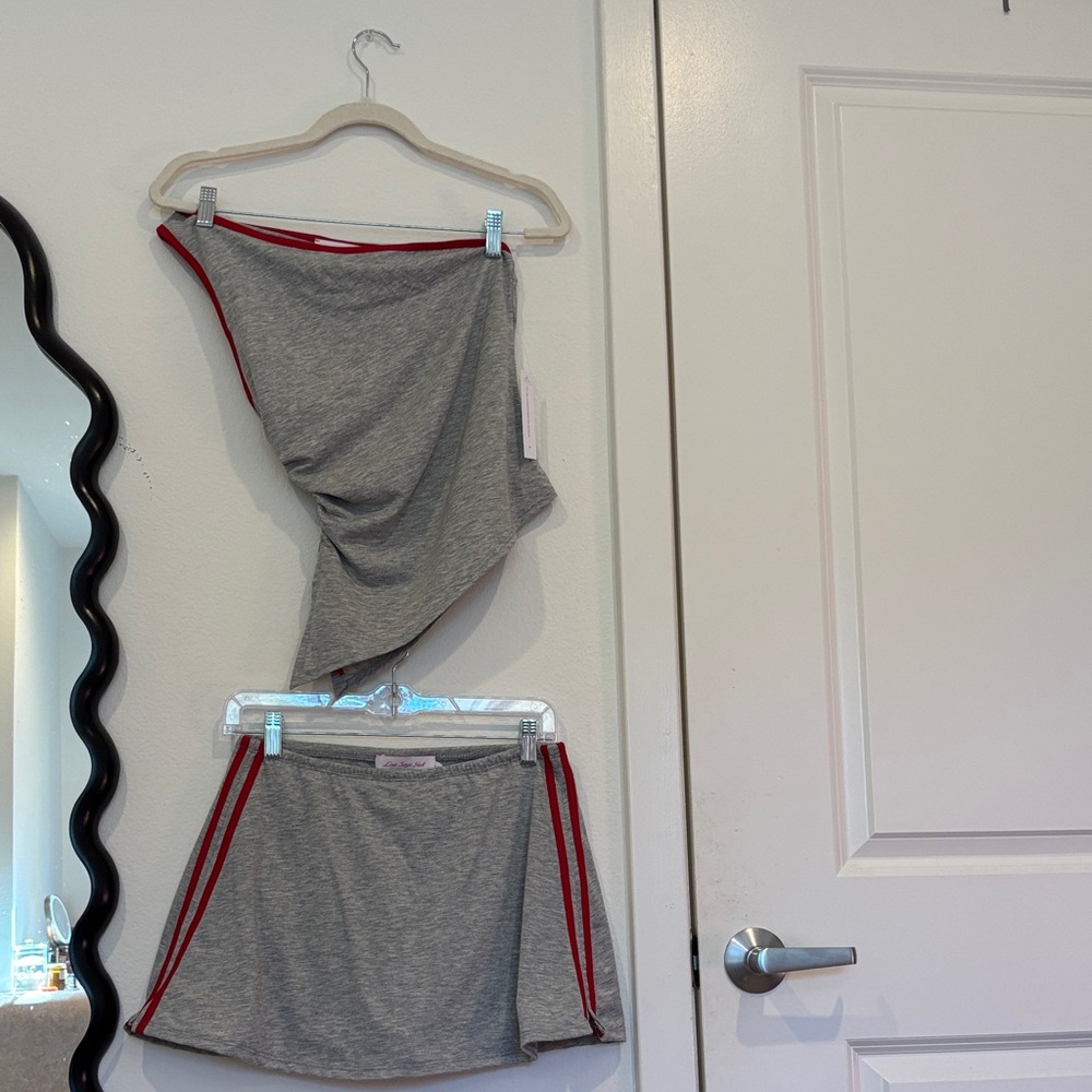 Lisa Says Gah Gray Skirt & Top set with Red Stripes
